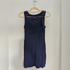 Staring at Stars Navy Blue Sleeveless Midi Dress with Crochet Yoke